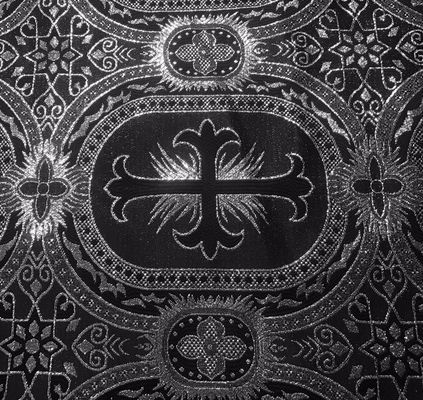 BLACK SILVER Metallic Liturgical Cross Brocade Fabric (55 in.) Sold By The Yard