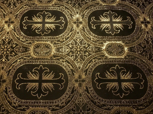 BLACK GOLD Metallic Liturgical Cross Brocade Fabric (55 in.) Sold By The Yard