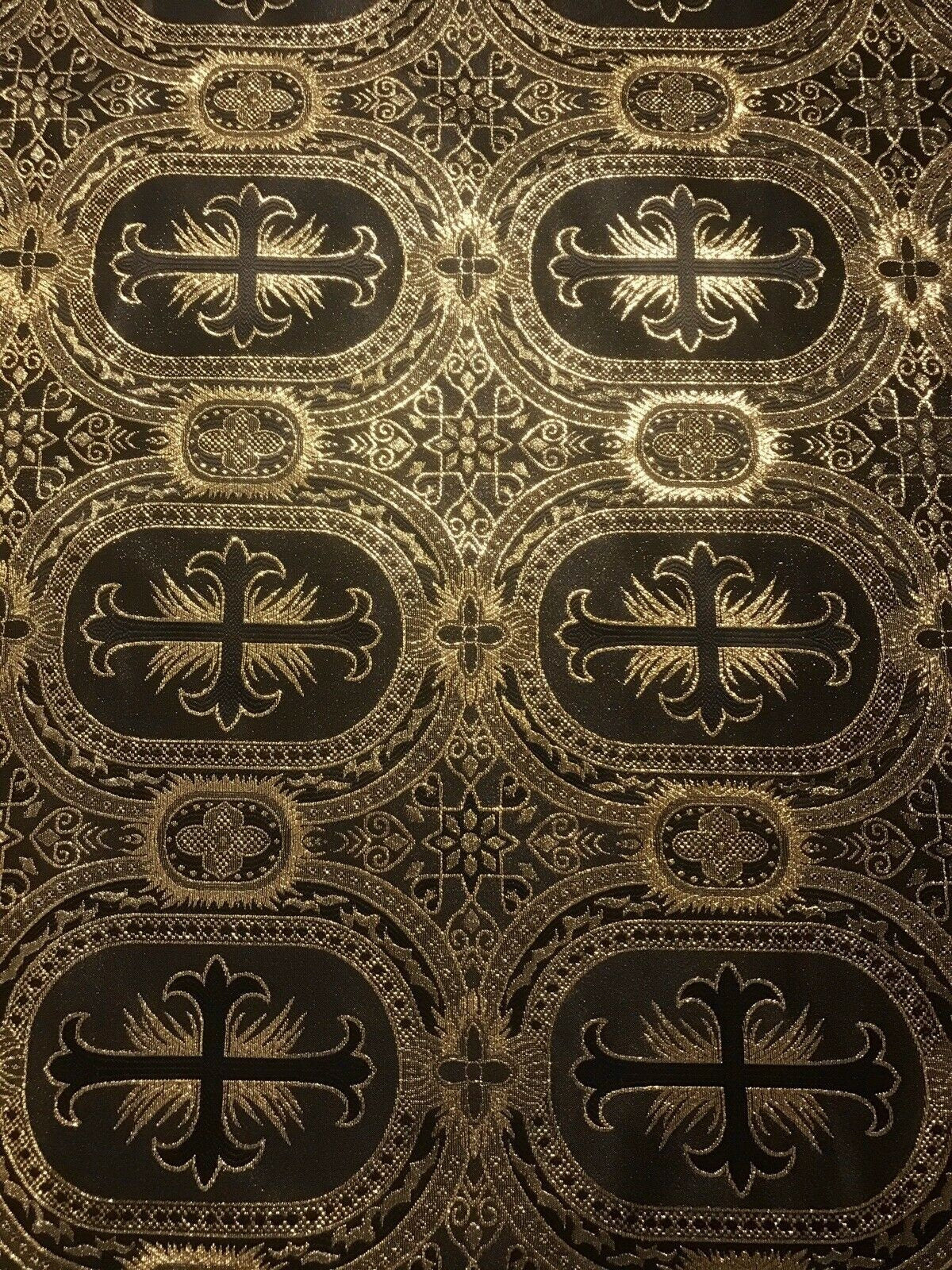 BLACK GOLD Metallic Liturgical Cross Brocade Fabric (55 in.) Sold By The Yard