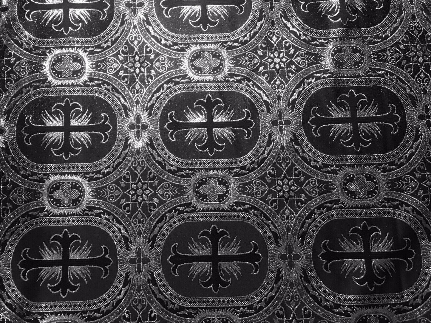 BLACK SILVER Metallic Liturgical Cross Brocade Fabric (55 in.) Sold By The Yard