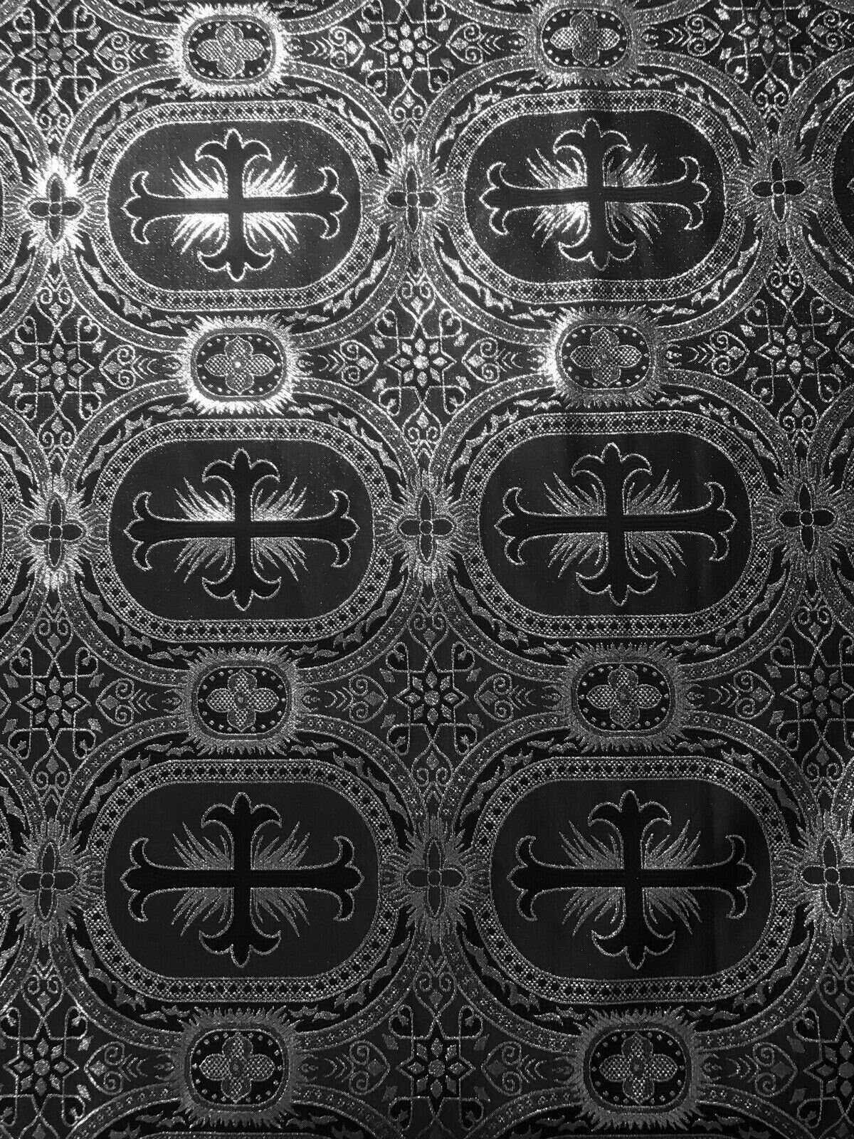 BLACK SILVER Metallic Liturgical Cross Brocade Fabric (55 in.) Sold By The Yard