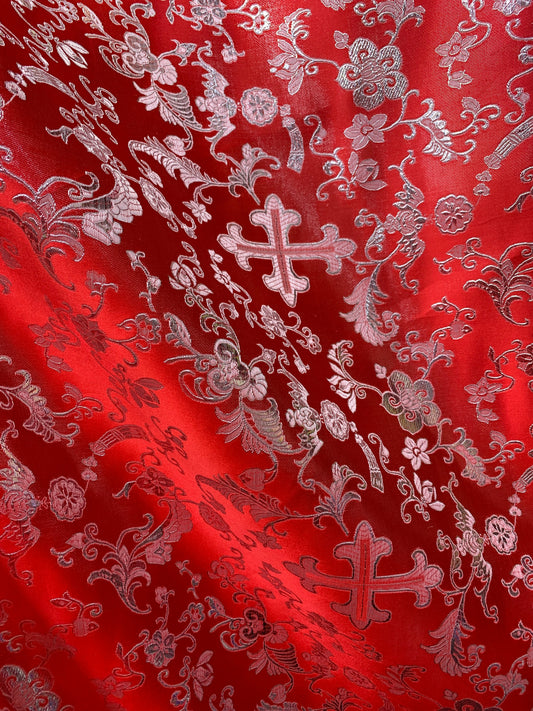 RED SILVER Metallic Liturgical Cross Brocade Fabric (56 in.) Sold By The Yard