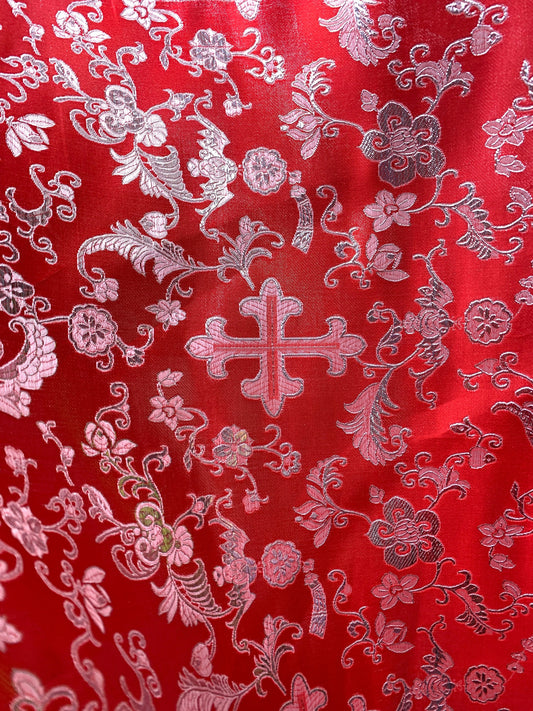 RED SILVER Metallic Liturgical Cross Brocade Fabric (56 in.) Sold By The Yard