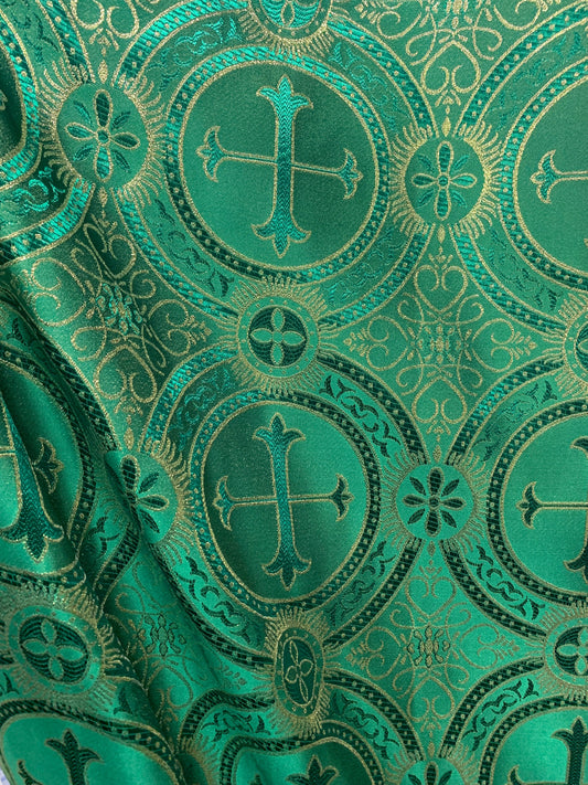 GREEN GOLD Metallic Liturgical Cross Brocade Fabric (55 in.) Sold By The Yard