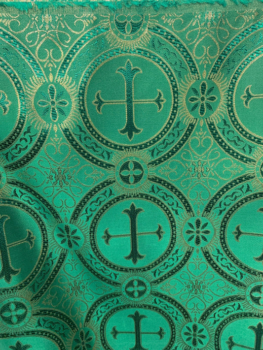 GREEN GOLD Metallic Liturgical Cross Brocade Fabric (55 in.) Sold By The Yard