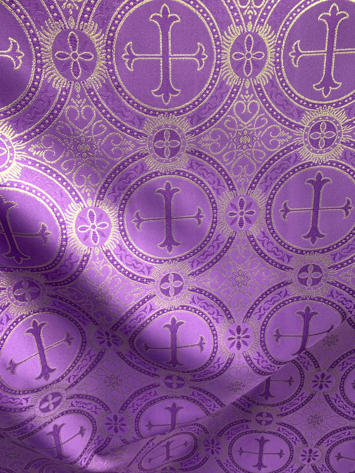 PURPLE GOLD Metallic Liturgical Cross Brocade Fabric (55 in.) Sold By The Yard