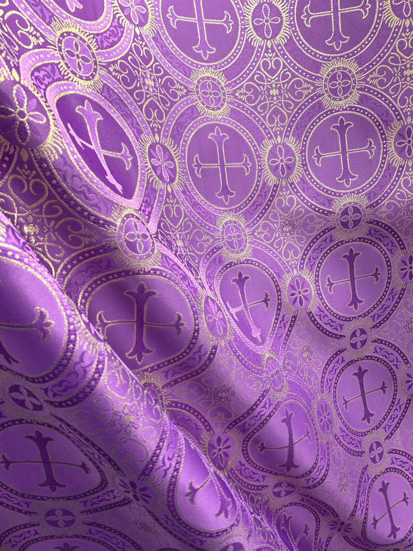 PURPLE GOLD Metallic Liturgical Cross Brocade Fabric (55 in.) Sold By The Yard