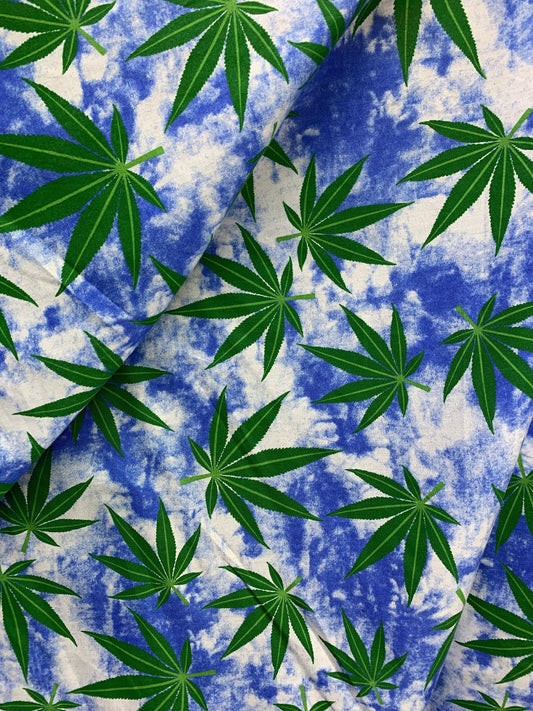 BLUE GREEN Marijuana Cannabis Leaf Printed Poly Cotton Fabric (58 in.) Sold By The Yard