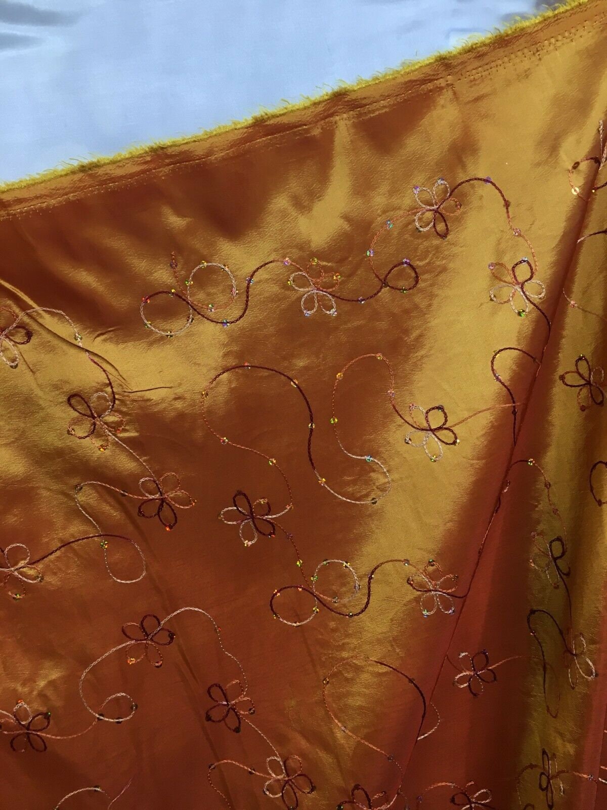 ORANGE Floral Sequins Embroidery Taffeta Fabric (60 in.) Sold By The Yard