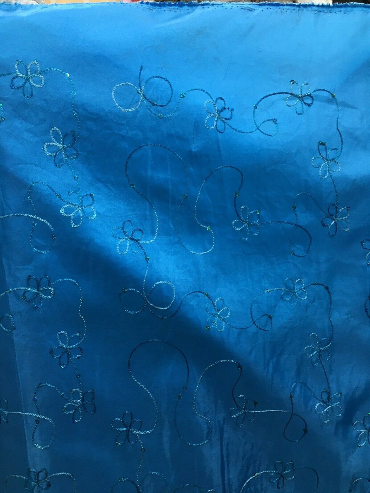 BLUE Floral Sequins Embroidery Taffeta Fabric (60 in.) Sold By The Yard