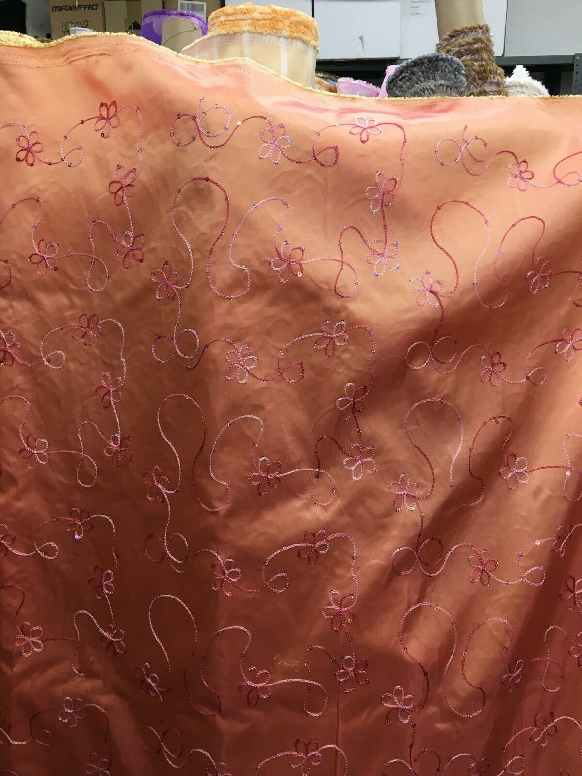 PEACH Floral Sequins Embroidery Taffeta Fabric (60 in.) Sold By The Yard