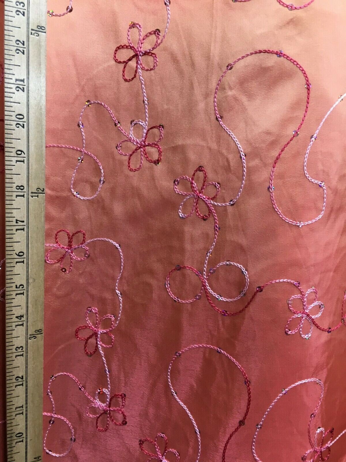 PEACH Floral Sequins Embroidery Taffeta Fabric (60 in.) Sold By The Yard