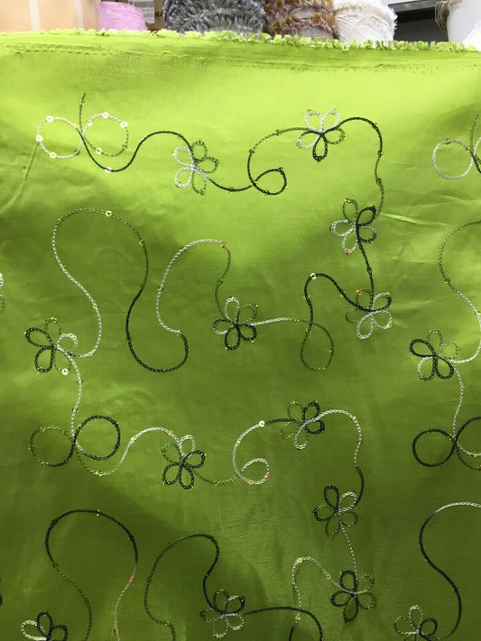 APPLE GREEN Floral Sequins Embroidery Taffeta Fabric (60 in.) Sold By The Yard