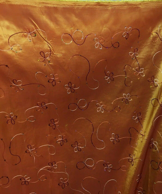 ORANGE Floral Sequins Embroidery Taffeta Fabric (60 in.) Sold By The Yard