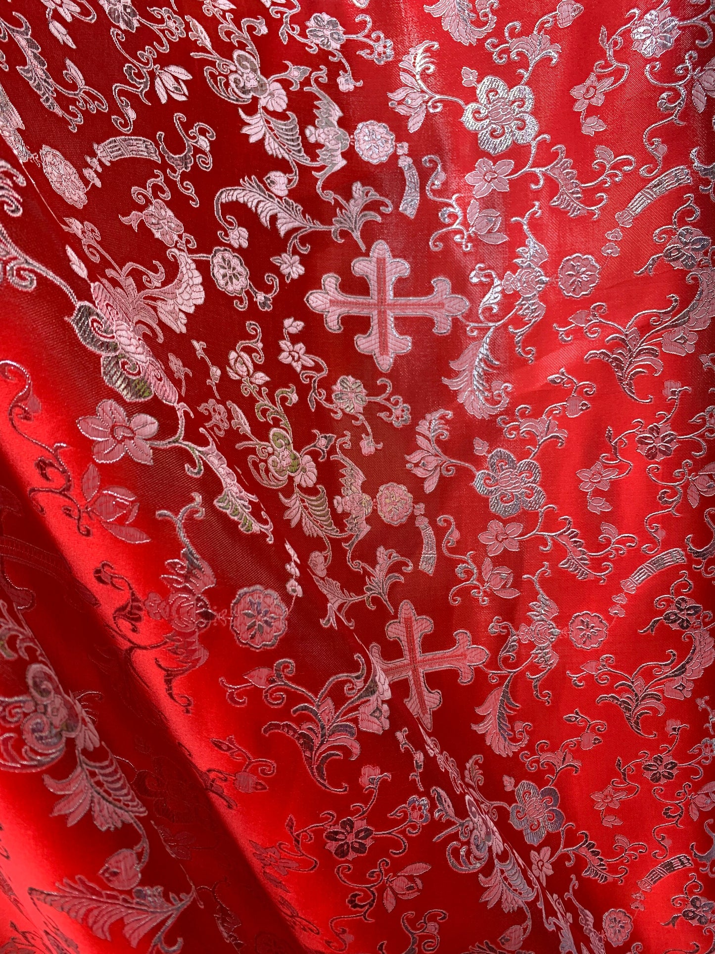 RED SILVER Metallic Liturgical Cross Brocade Fabric (56 in.) Sold By The Yard