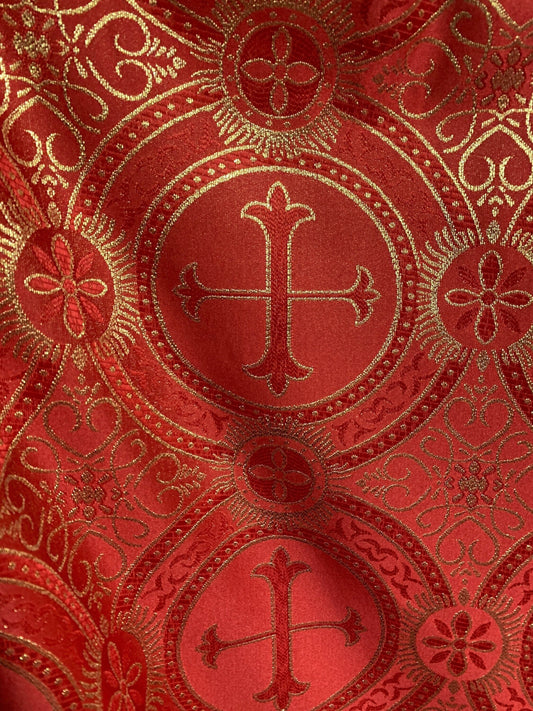 RED GOLD Metallic Liturgical Cross Brocade Fabric (55 in.) Sold By The Yard