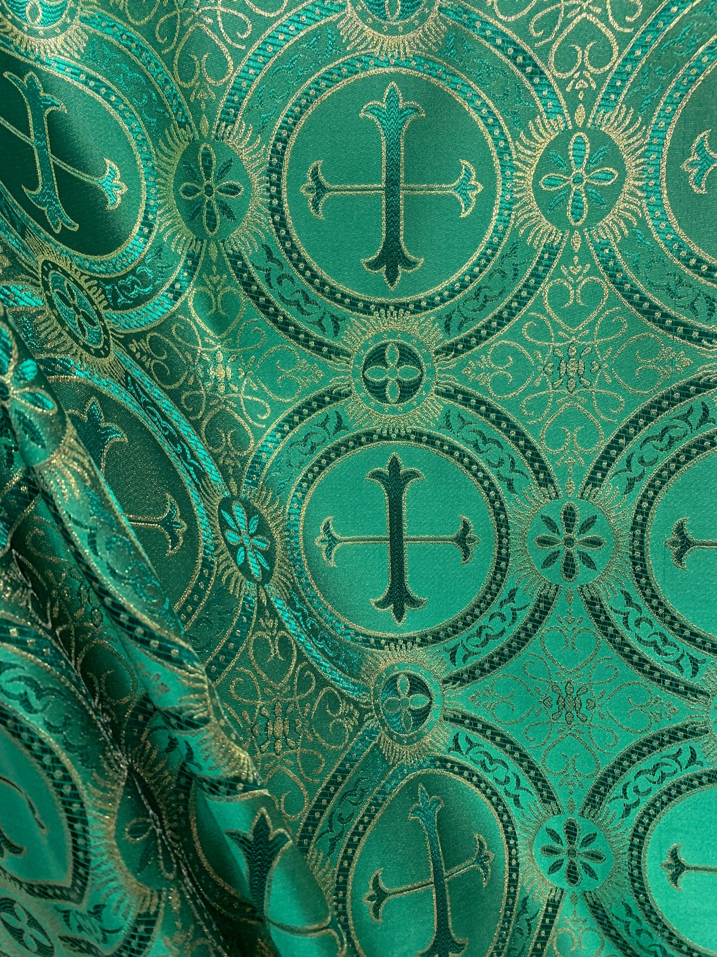 GREEN GOLD Metallic Liturgical Cross Brocade Fabric (55 in.) Sold By The Yard