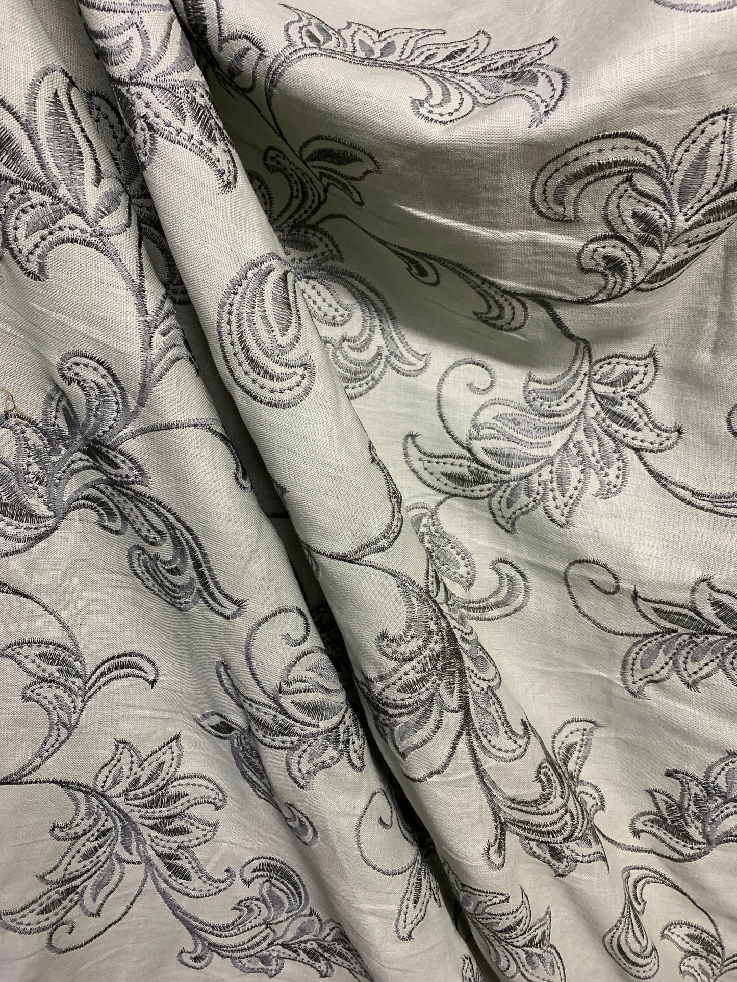 LIGHT GRAY Floral Embroidered 100% Linen Fabric (54 in.) Sold By The Yard