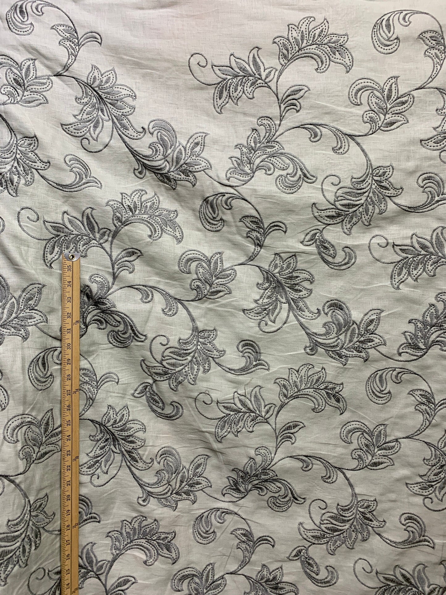 LIGHT GRAY Floral Embroidered 100% Linen Fabric (54 in.) Sold By The Yard