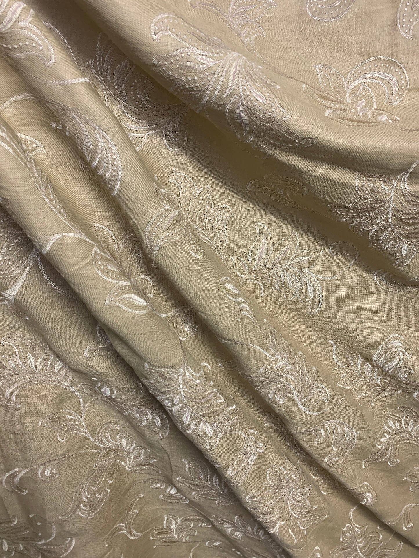 TAUPE BEIGE Floral Embroidered 100% Linen Fabric (54 in.) Sold By The Yard