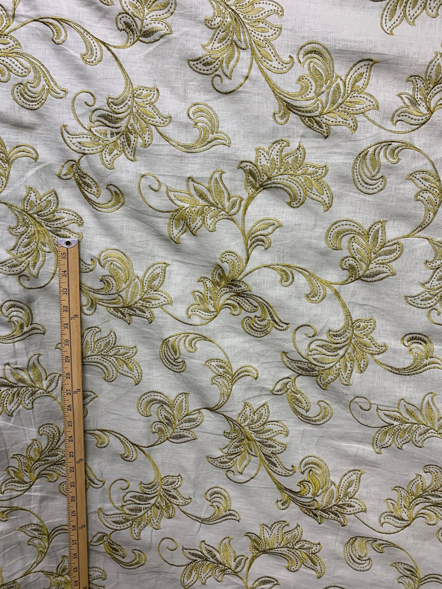 Light Gray Olive Gold Floral Embroidered 100% Linen Fabric (54 in.) Sold By The Yard