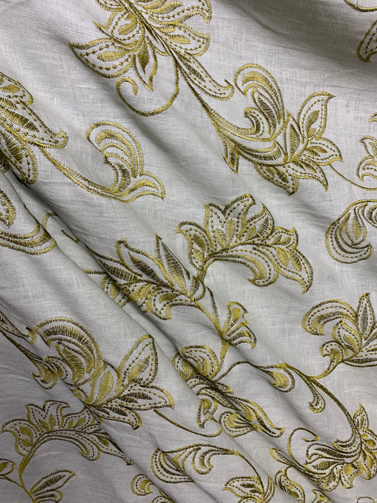 Light Gray Olive Gold Floral Embroidered 100% Linen Fabric (54 in.) Sold By The Yard