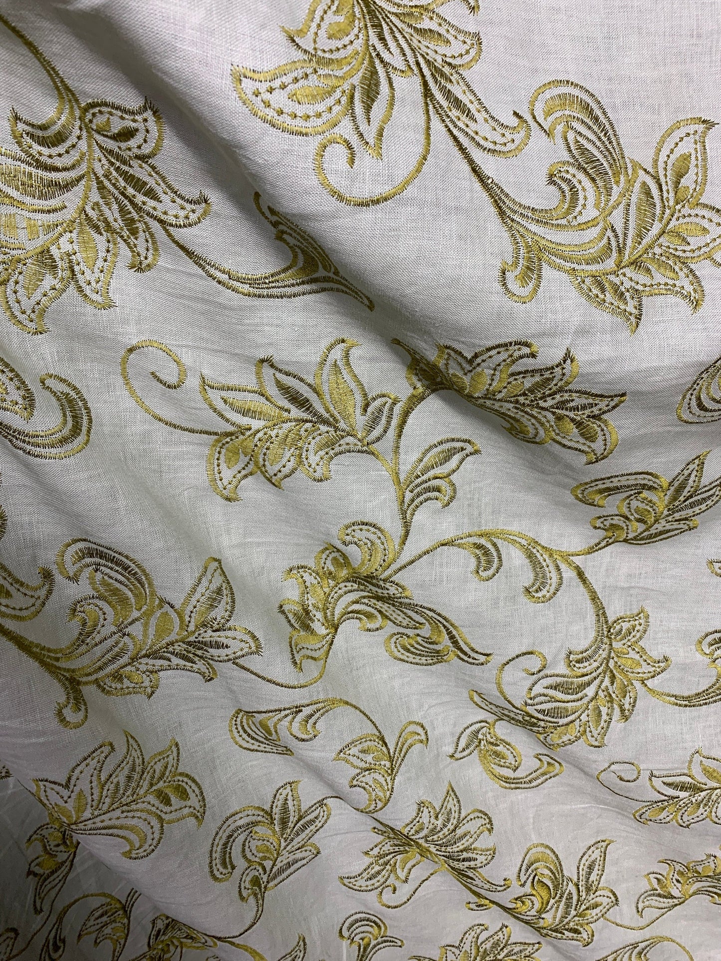 Light Gray Olive Gold Floral Embroidered 100% Linen Fabric (54 in.) Sold By The Yard