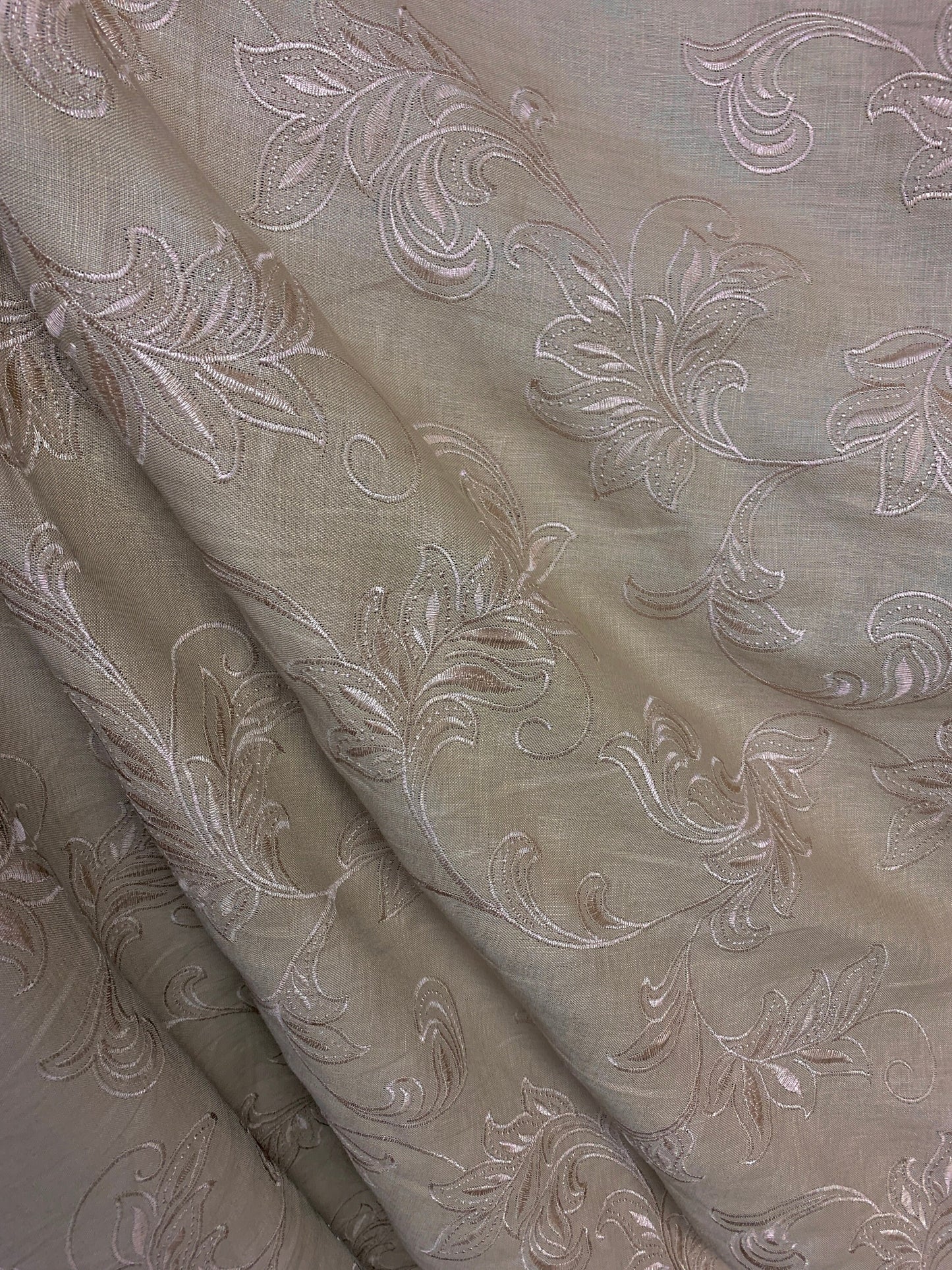 LIGHT TAUPE Floral Embroidered 100% Linen Fabric (54 in.) Sold By The Yard