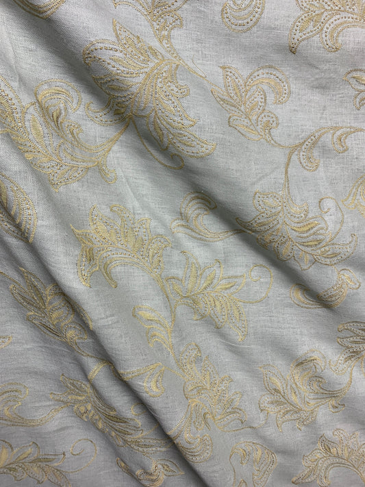 GRAY BEIGE Floral Embroidered 100% Linen Fabric (54 in.) Sold By The Yard