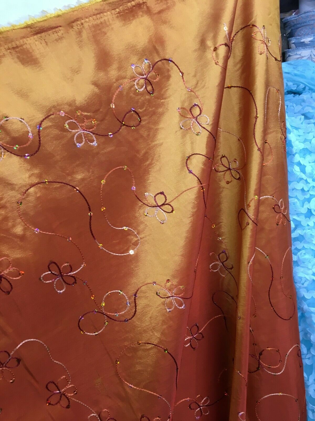 ORANGE Floral Sequins Embroidery Taffeta Fabric (60 in.) Sold By The Yard