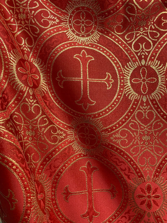 RED GOLD Metallic Liturgical Cross Brocade Fabric (55 in.) Sold By The Yard