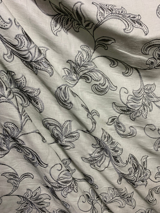 LIGHT GRAY Floral Embroidered 100% Linen Fabric (54 in.) Sold By The Yard