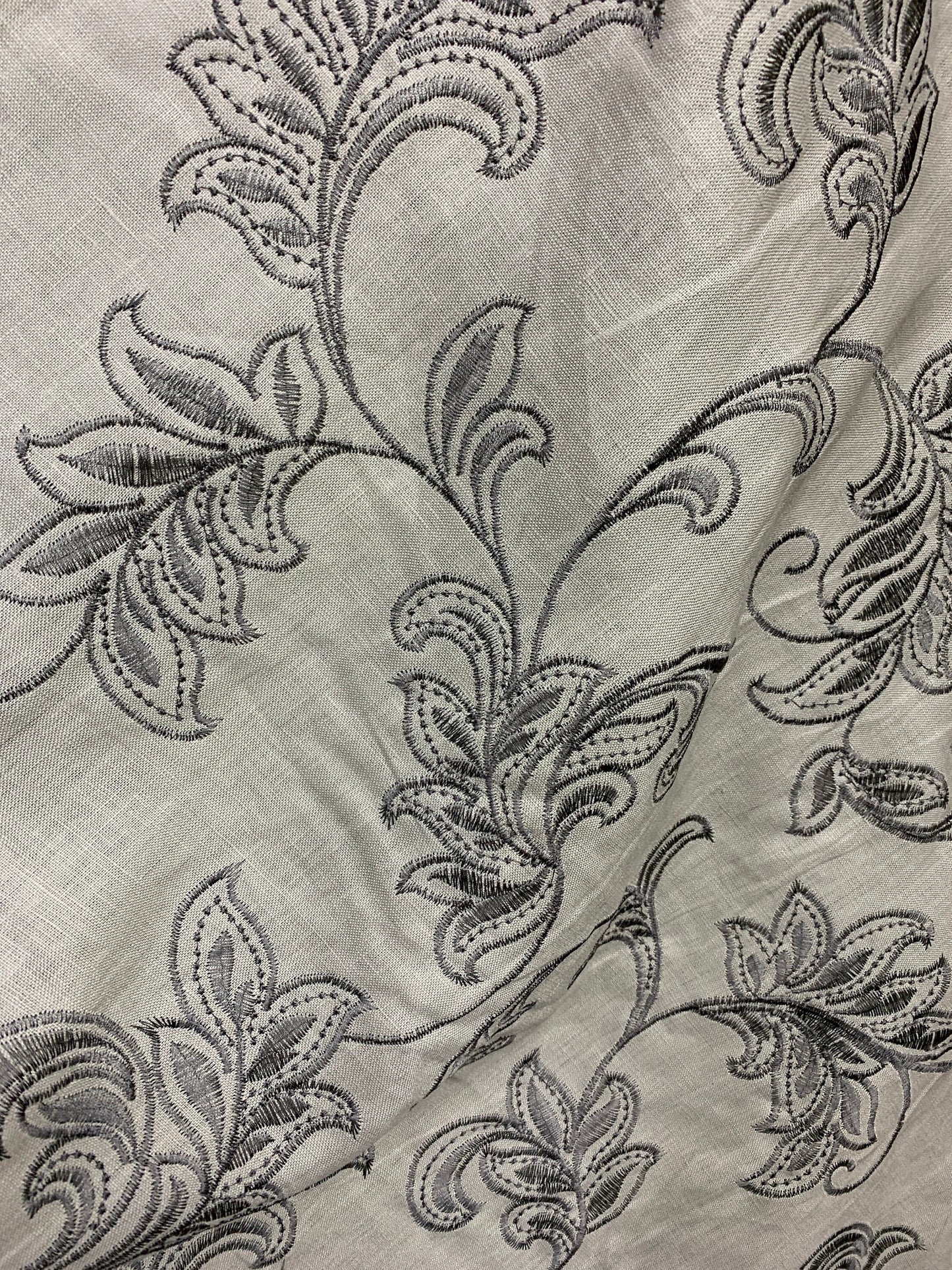 LIGHT GRAY Floral Embroidered 100% Linen Fabric (54 in.) Sold By The Yard