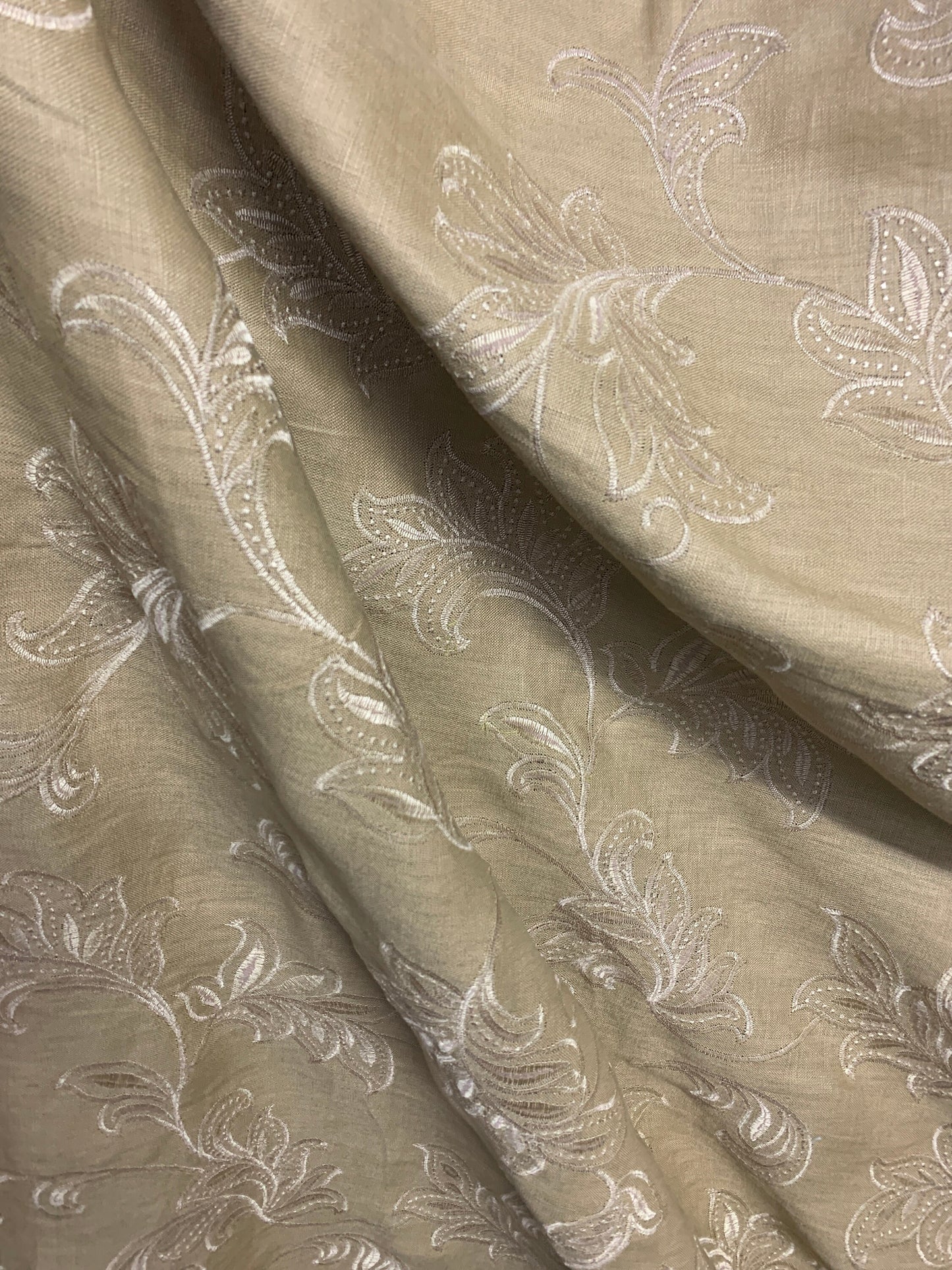 TAUPE BEIGE Floral Embroidered 100% Linen Fabric (54 in.) Sold By The Yard