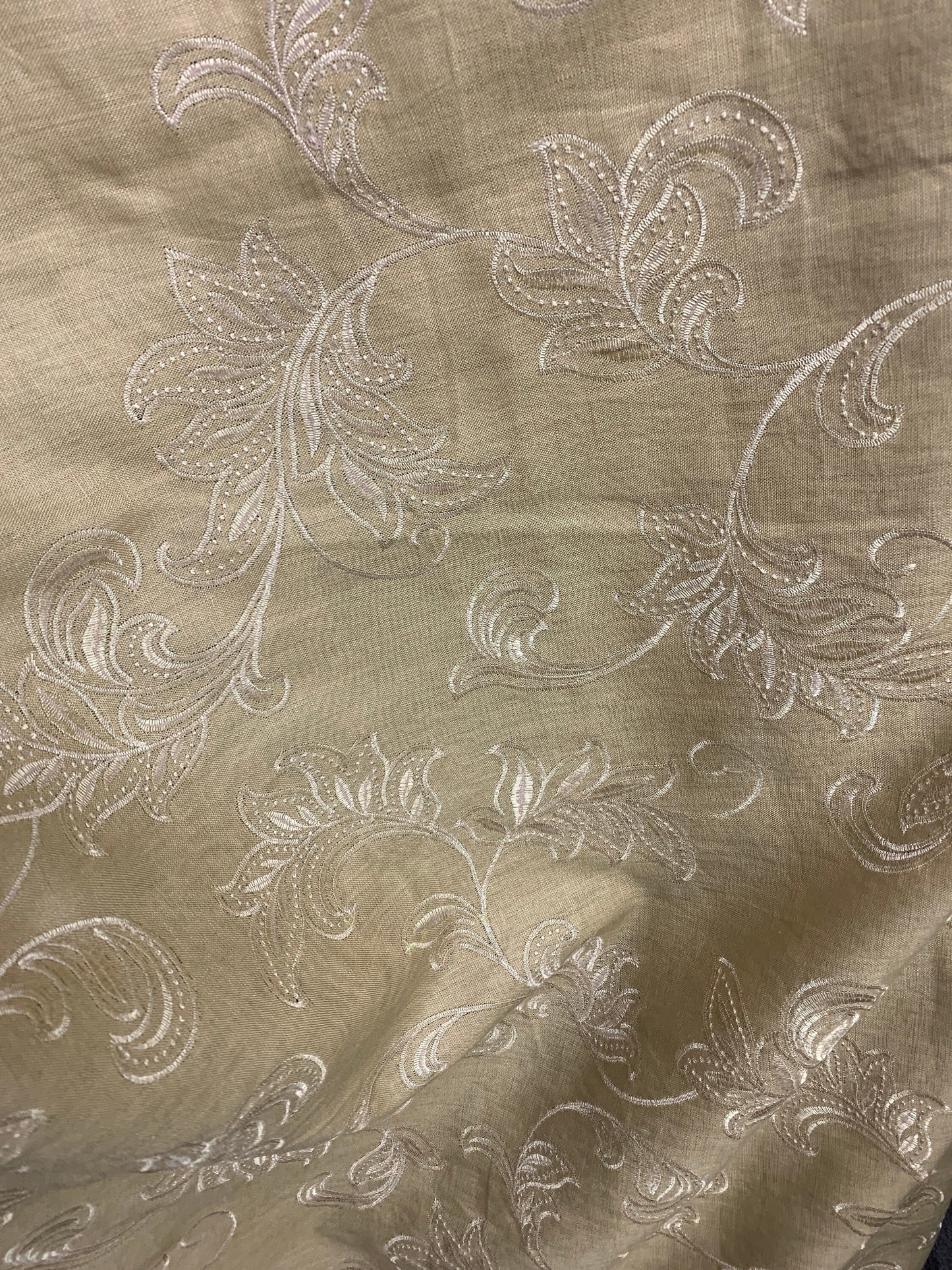 TAUPE BEIGE Floral Embroidered 100% Linen Fabric (54 in.) Sold By The Yard