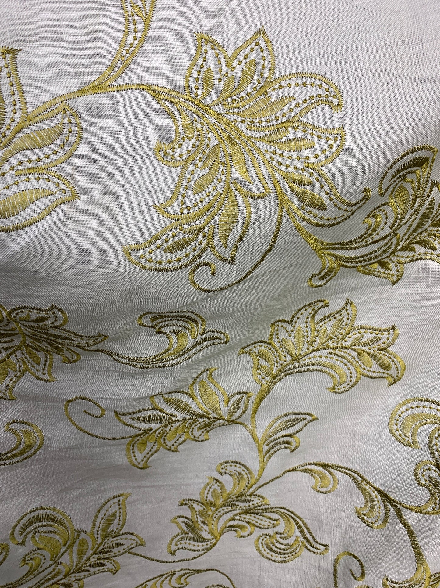 Light Gray Olive Gold Floral Embroidered 100% Linen Fabric (54 in.) Sold By The Yard