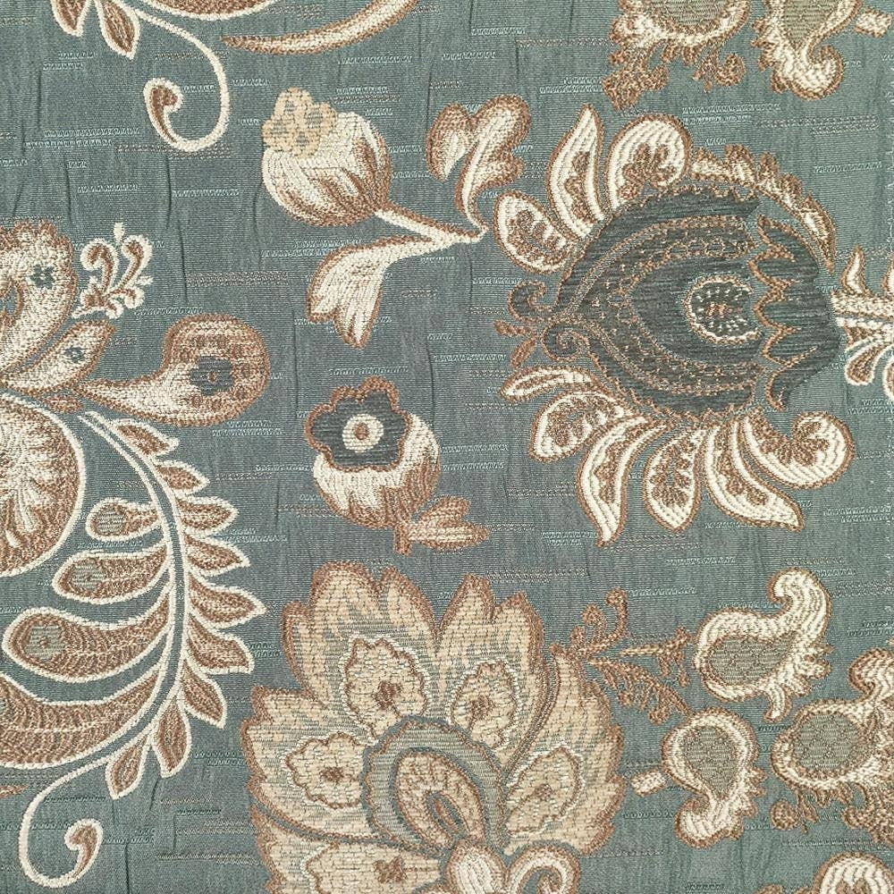 TEAL BLUE BEIGE Floral Chenille Upholstery Brocade Fabric (56 in.) Sold By The Yard