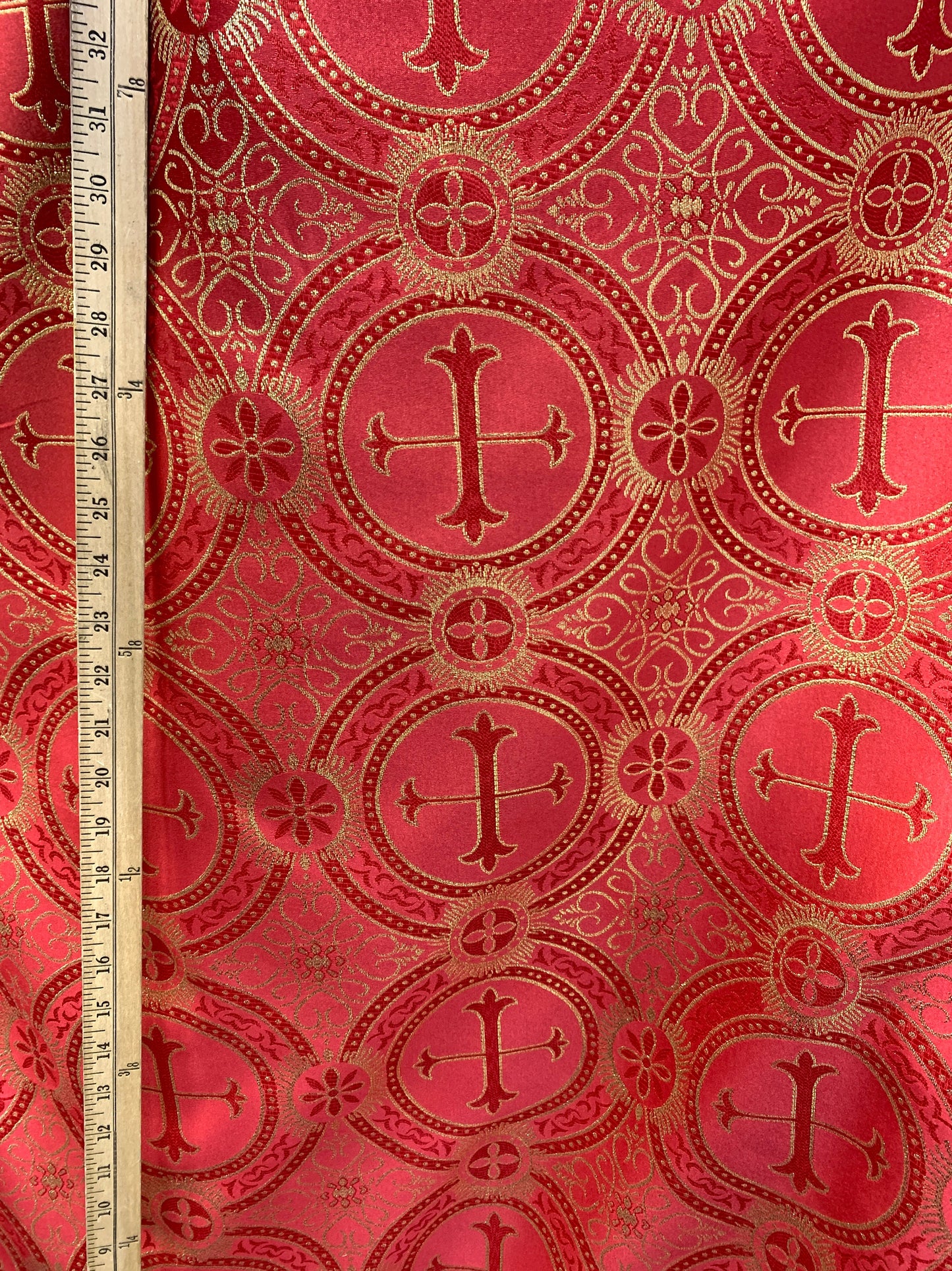 RED GOLD Metallic Liturgical Cross Brocade Fabric (55 in.) Sold By The Yard