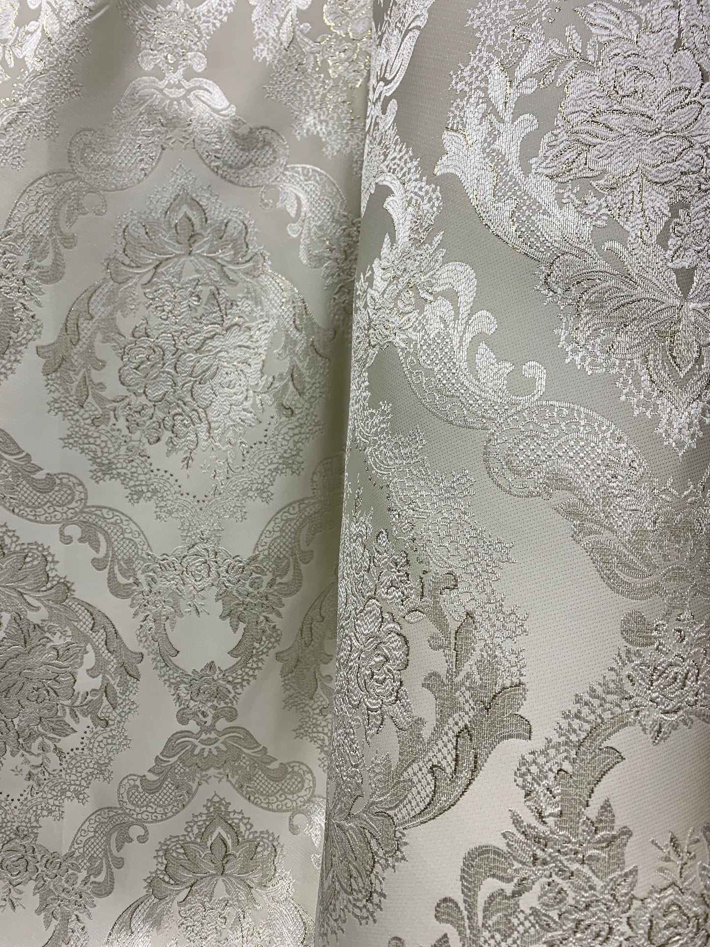 WHITE GOLD Metallic Floral Brocade Upholstery Drapery Fabric (110 in.) Sold By The Yard