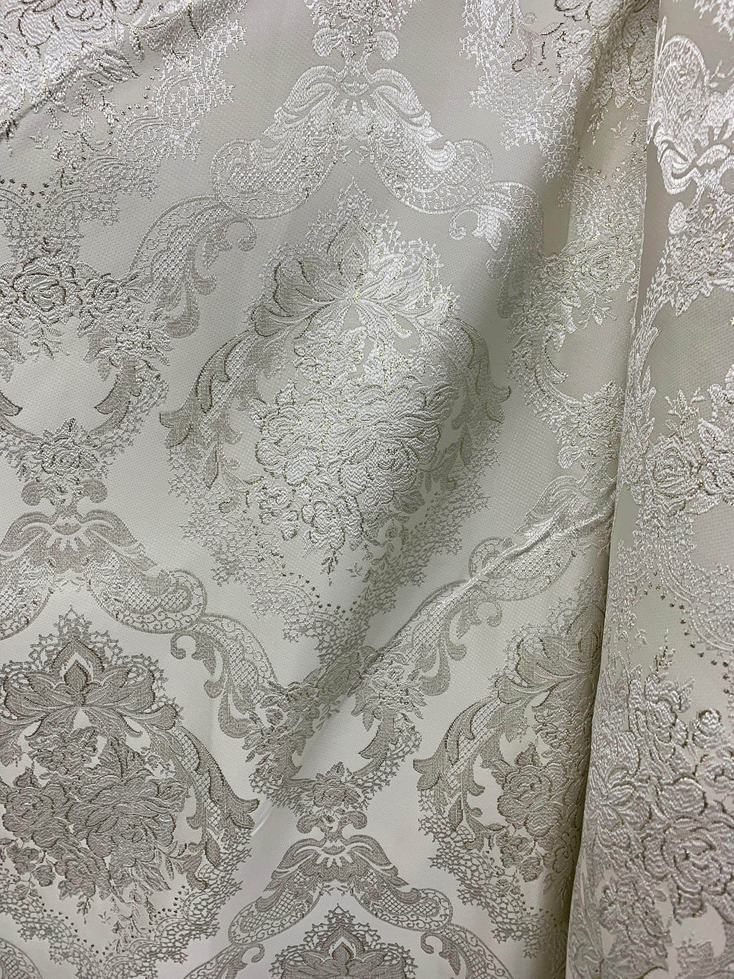 WHITE GOLD Metallic Floral Brocade Upholstery Drapery Fabric (110 in.) Sold By The Yard