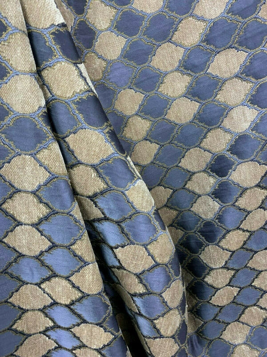 DARK BLUE BEIGE Diamond Chenille Upholstery Brocade Fabric (54 in.) Sold By The Yard