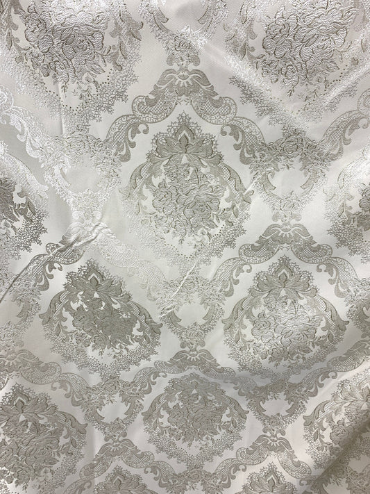 WHITE GOLD Metallic Floral Brocade Upholstery Drapery Fabric (110 in.) Sold By The Yard