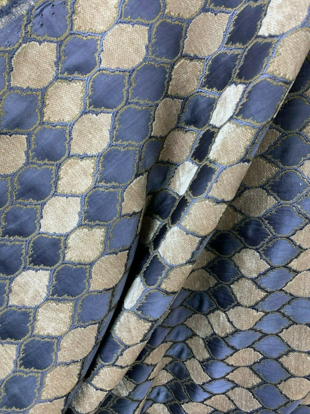 DARK BLUE BEIGE Diamond Chenille Upholstery Brocade Fabric (54 in.) Sold By The Yard