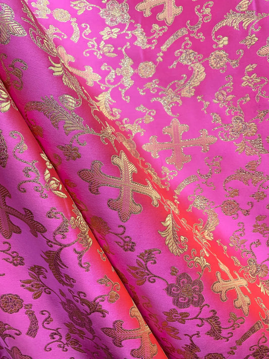 HOT PINK GOLD Metallic Liturgical Cross Brocade Fabric (56 in.) Sold By The Yard