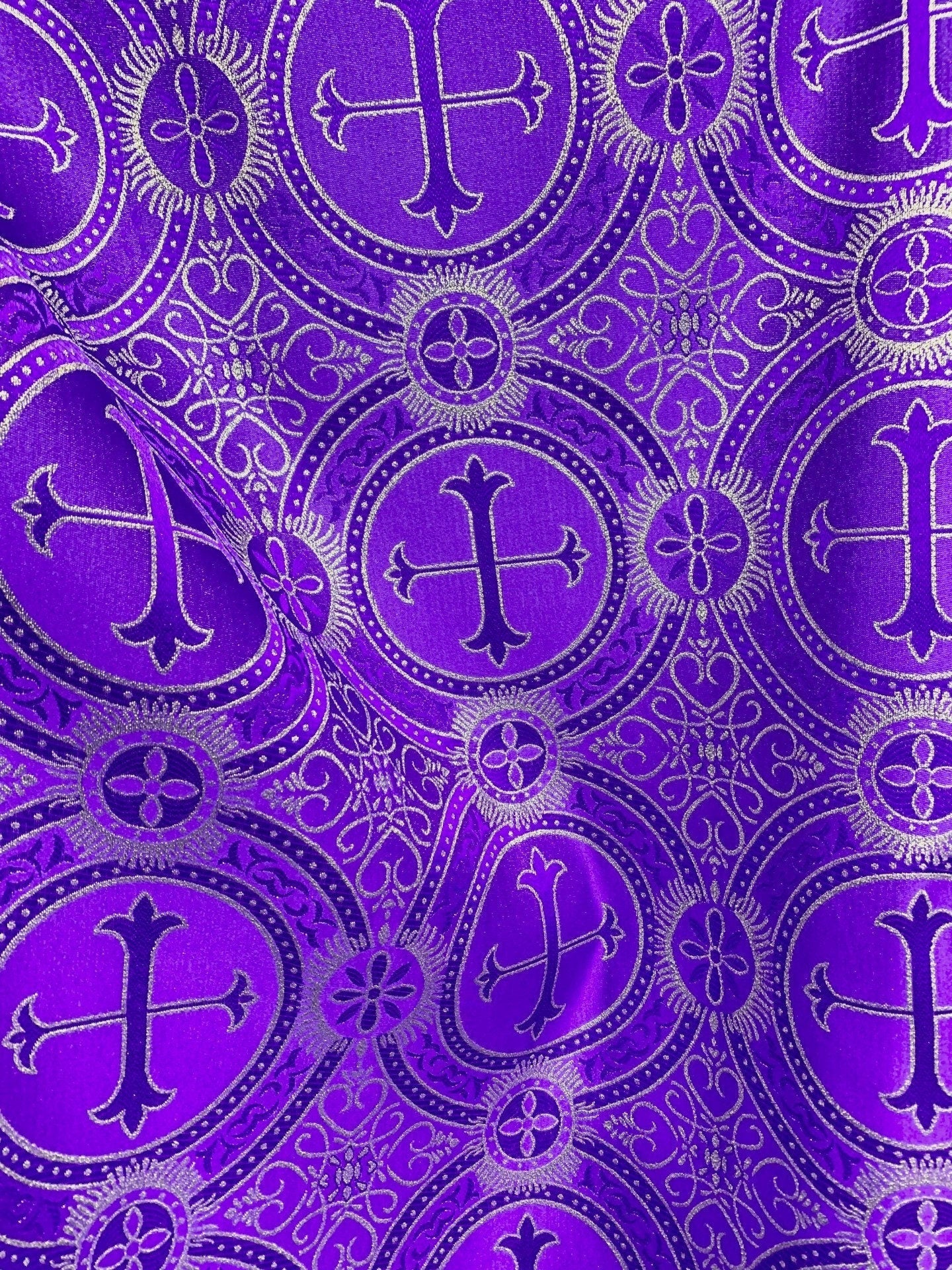 DEEP PURPLE GOLD Metallic Liturgical Cross Brocade Fabric (55 in.) Sold By The Yard