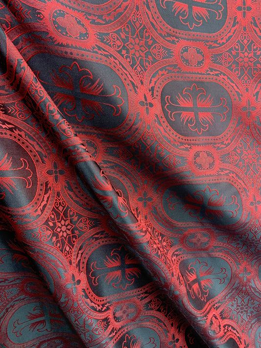 RED BLACK Liturgical Cross Brocade Fabric (55 in.) Sold By The Yard