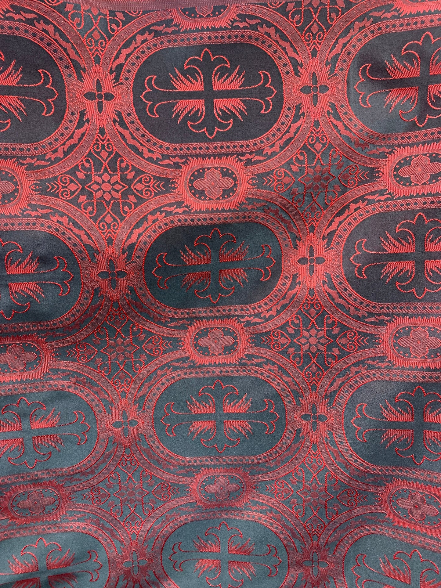 RED BLACK Liturgical Cross Brocade Fabric (55 in.) Sold By The Yard