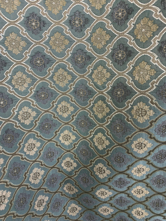 TEAL IVORY Floral Trellis Chenille Upholstery Brocade Fabric (56 in.) Sold By The Yard