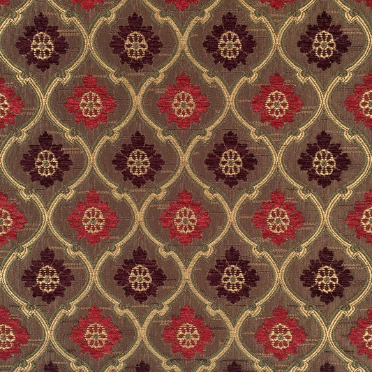 Brown Gold Red Floral Trellis Chenille Upholstery Brocade Fabric (56 in.) Sold By The Yard