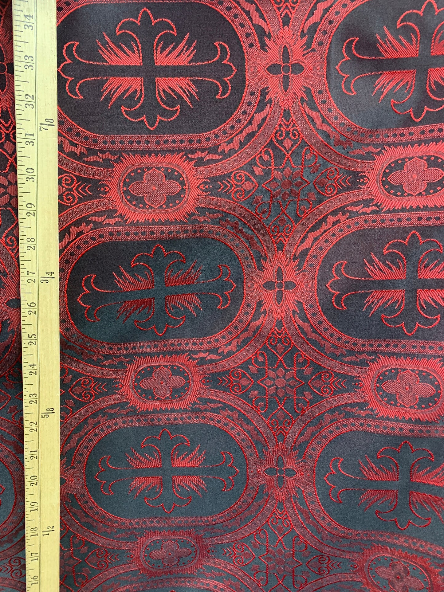 RED BLACK Liturgical Cross Brocade Fabric (55 in.) Sold By The Yard